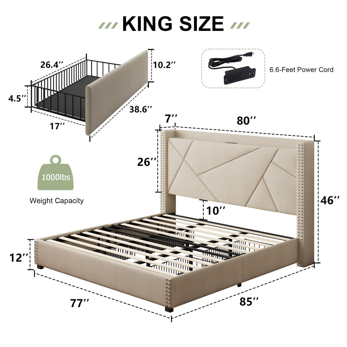 Feonase Beige King Size Platform Bed Frame with 4 Storage Drawers and Charging Station Feonase