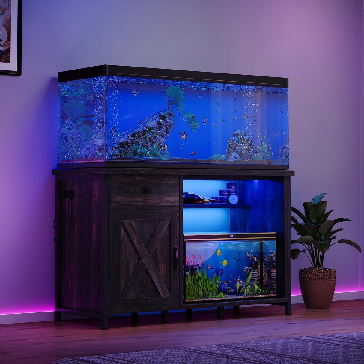 4ever2buy 55-75 Gallon Aquarium Stand with Power Outlets & LED Light, Metal Frame Fish Tank Stand with Drawer & Barn Door, Turtle Reptile Terrariums Stand with Fish Tank Accessories Storage, Dark Oak 4ever2buy