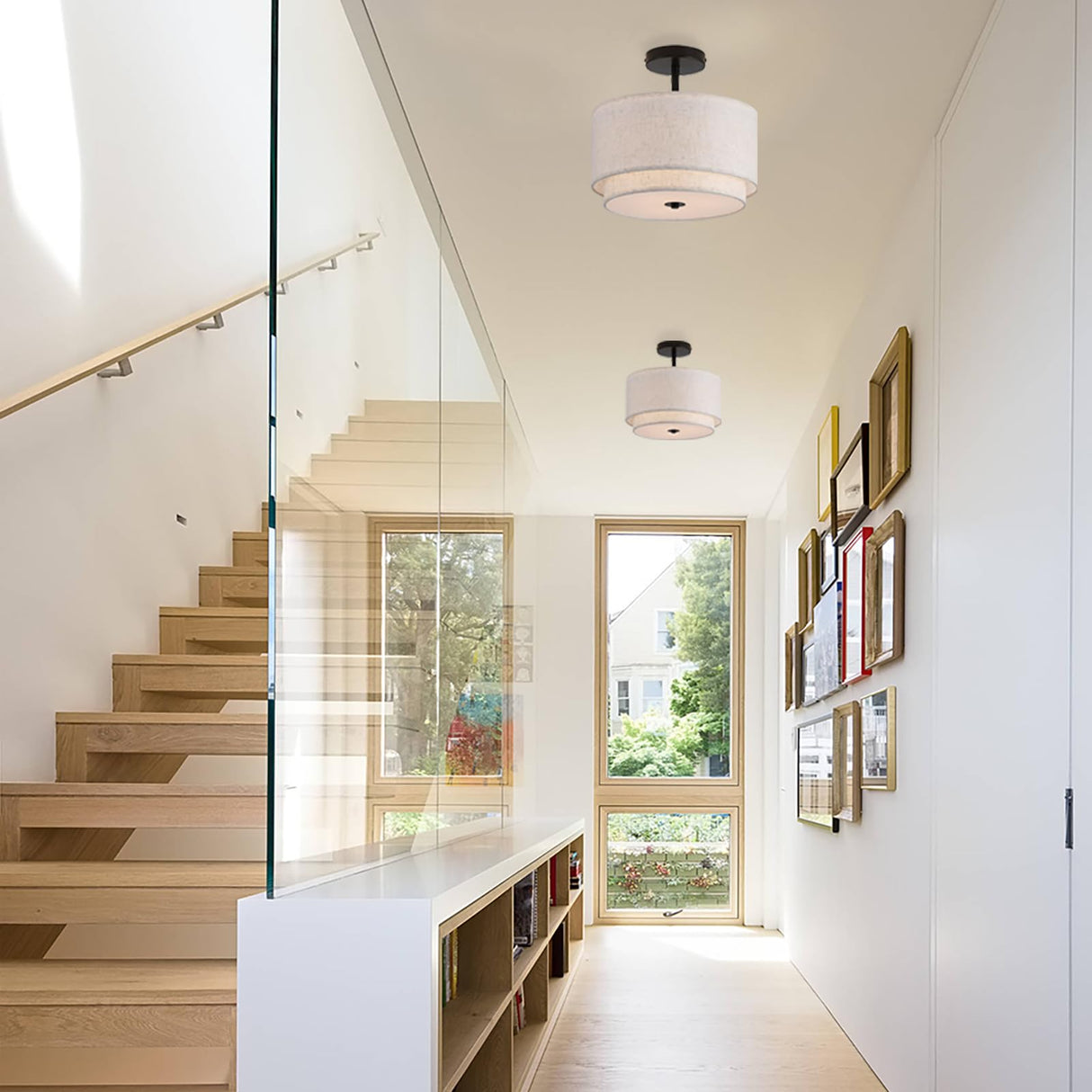 Vexagyle 12.6inch Flush Mount Ceiling Light Fixture,3-Light Modern Close to Ceiling Light with 2-Layer Linen Fabric Shade,Farmhouse Drum Ceiling Mount Lamp for Bedroom Hallway Living Room Vexagyle