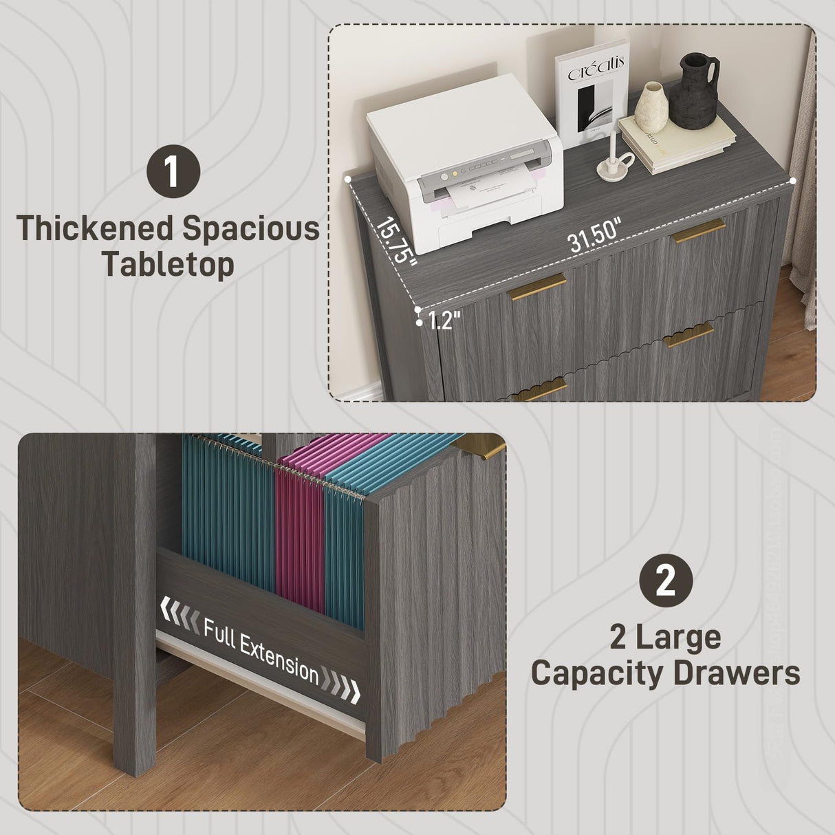 2 Drawer File Cabinet, Printer Stand Lateral Filing Cabinets for Hanging Letter/A4/Legal Size Files Fluted Wood Storage Cabinet for Home Office and School Halitaa