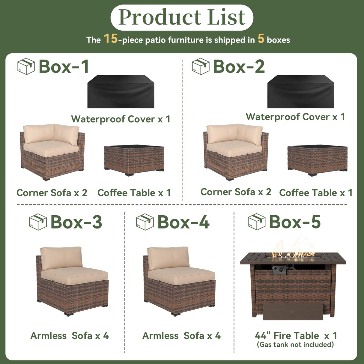 Aoxun 15 Piece Patio Furniture Set with 44” Fire Pit Table Wicker Rattan Outdoor Sectional Sofa Set with Coffee Table and Thickened Cushions, Beige (Waterproof Cover Included) Aoxun