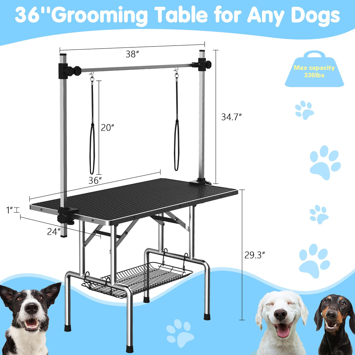 Lyromix 46''Large Dog Grooming Table, Adjustable Cat Drying Desktop with Arms, Nooses, Mesh Tray, Foldable Pet Station at Home, Maximum Capacity Up to 330Lb, 36inch, Black Lyromix