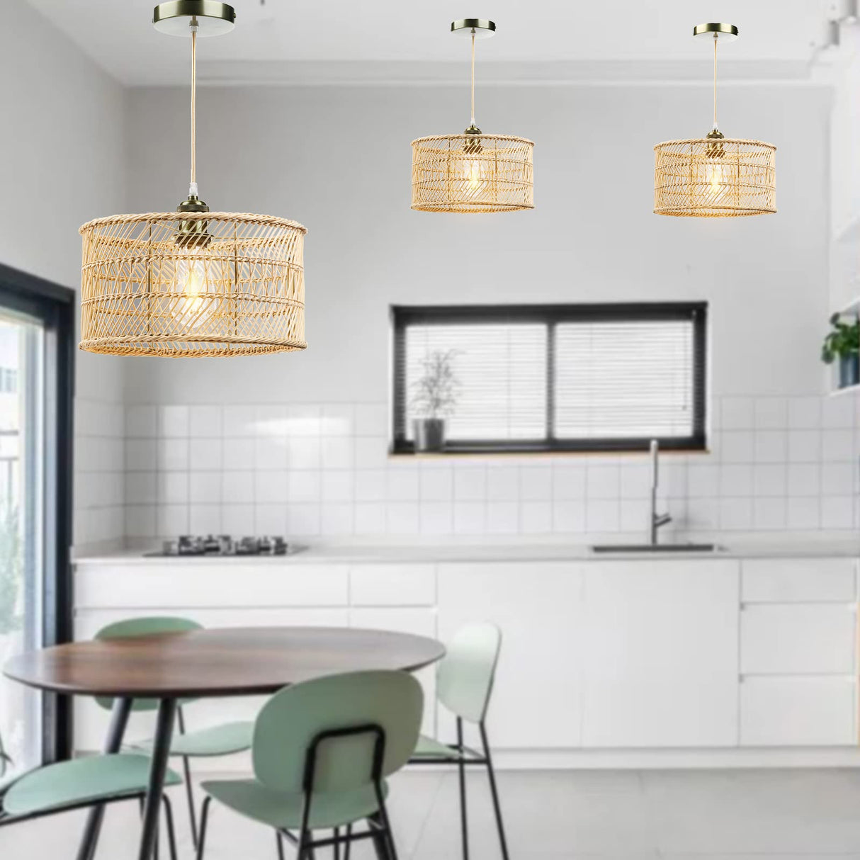 HOONEX Rattan Chandelier, Rattan Light Fixtures Ceiling, 12.4" Wicker Pendant Light for Dining Room Bedroom Kitchen Island, Natural HOONEX