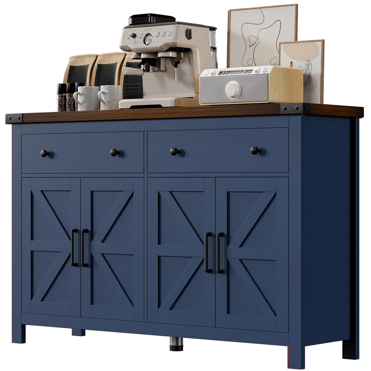 VVFLU Buffet Cabinet with Storage Farmhouse with 4 Doors and 2 Drawers, 55'' Large Kitchen Storage Cabinet Blue Wood Coffee Bar Buffet Sideboard for Kitchen, Dining Room, Living Room VVFLU