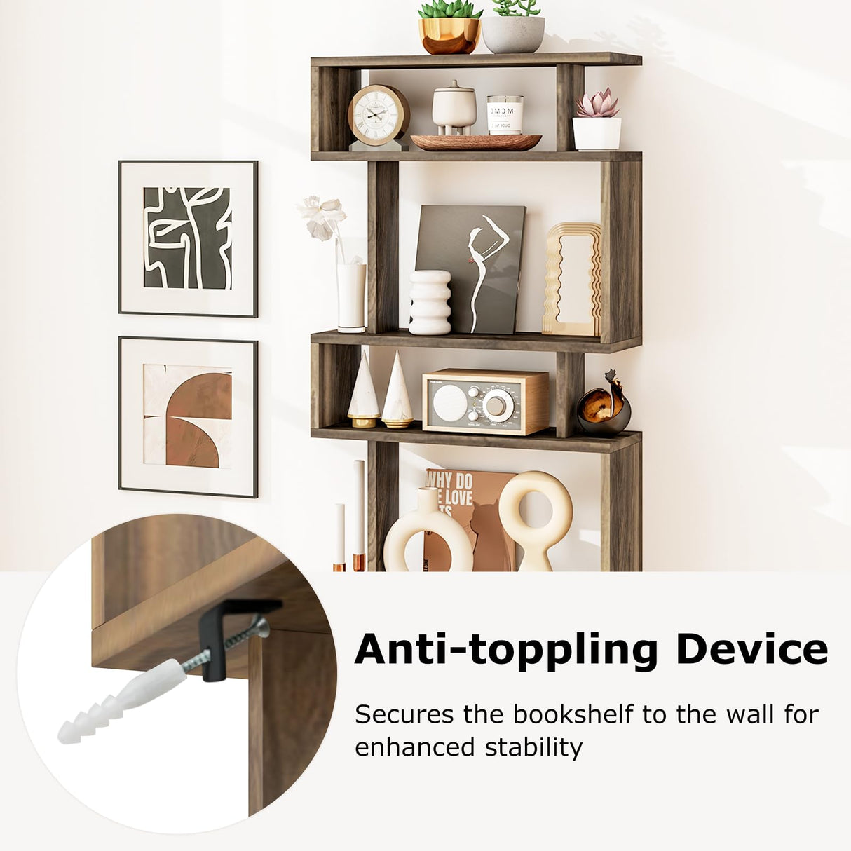 SILKYDRY 6 Tier Geometric Bookshelf, S Shaped Bookshelf with Anti-toppling Kits, Freestanding Room Divider Bookcase, 64" Tall Staggered Display Shelf for Living Room Bedroom (2, Walnut) SILKYDRY