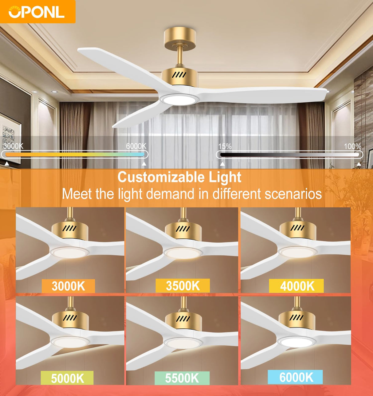 OPONL White Wood Ceiling Fan with Light 52inch, Low Profile, Remote Control, Downrod Mount, Noiseless, Reversible, 6CCT, Dimmable, 6 speeds, Timeable, Ceiling Fans with Lights for Living Room OPONL