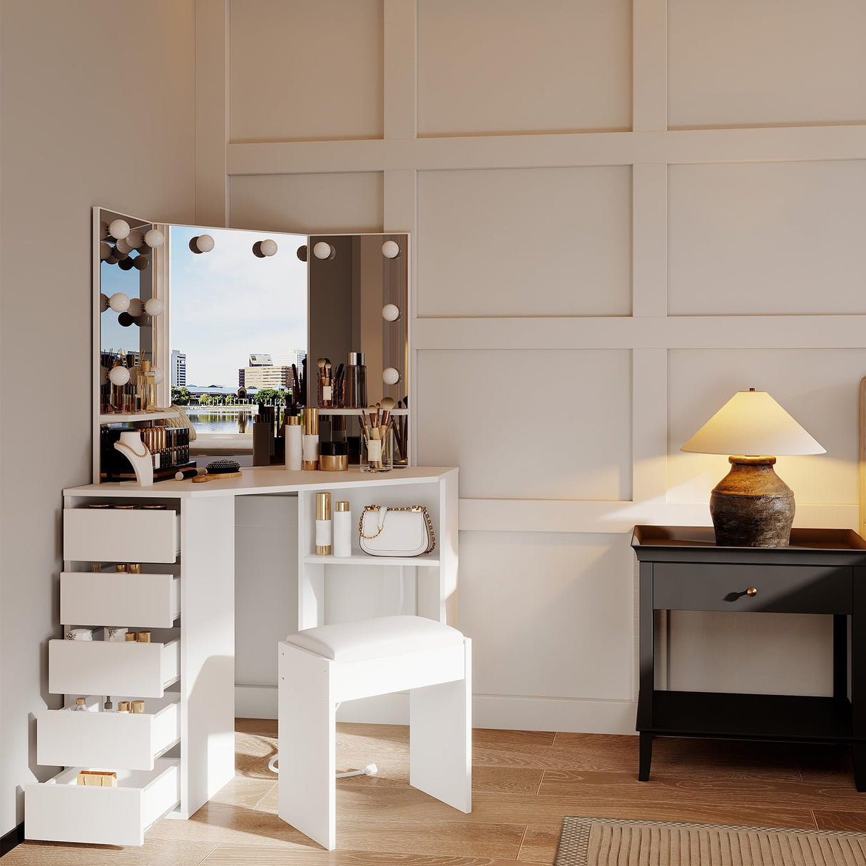 Corner Vanity Desk with Mirror and Led Lights - Makeup Table with 5 Drawers, Shelves, and Vanity Stool - Perfect for Bedroom or Bathroom, White MilleLoom