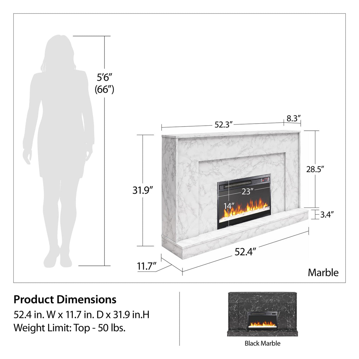 CosmoLiving by Cosmopolitan Liberty 52 Inch Electric Fireplace with Mantel, Replaceable Fireplace Insert Heater, Remote Control, Timer, Color Changing Crystal Ember Flames, White Marble CosmoLiving by Cosmopolitan