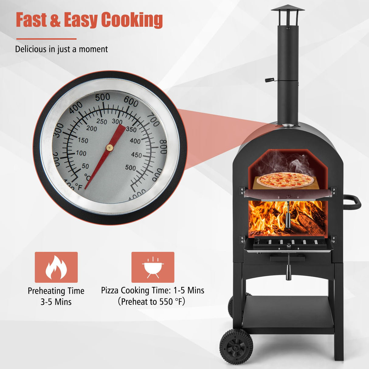 Giantex Pizza Oven Outdoor, Wood Fired Pizza Oven with Pizza Stone, Pizza Peel, Waterproof Cover, Cooking Grids, Pizza Maker with Wheels for Outside Camping Backyard Party (64 Inch) Giantex