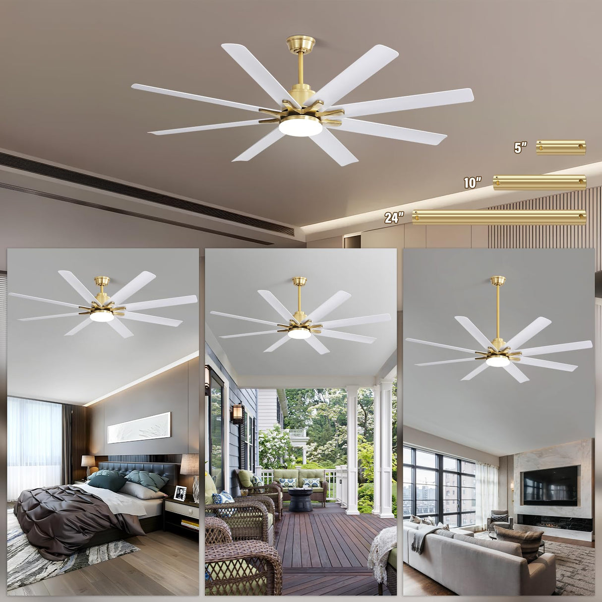 Sofucor 66 Inch Smart Ceiling Fan with Lights and Remote, APP Control, Compatible with Alexa/Google, Indoor Outdoor Low Profile White Ceiling Fan with 3 Downrod for Living Room Farmhouse Patio Sofucor
