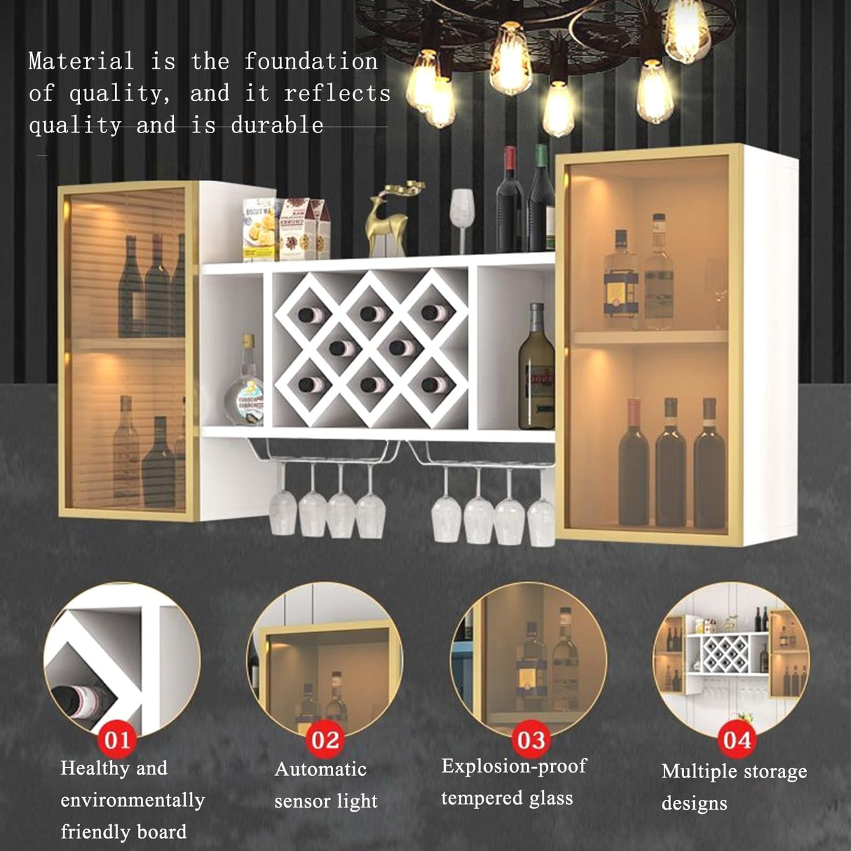 Simple Inverted Wine Glass Rack With LED light ,Large bar glass display shelf,Suspended bar display cabinet for liquor,Home use wooden wine rack wall mounted,Living room, bar, kitchen(Teak,120cm/47in) SEIFE