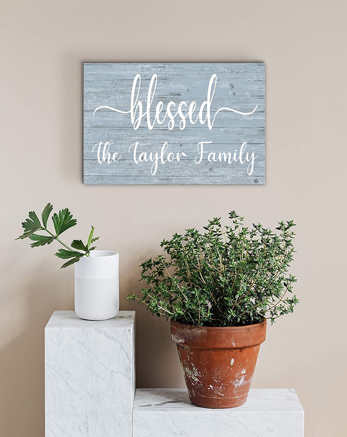 Blessed Sign Custom Family Name Sign Personalized - Solid Wood - Wall Art for Anniversary, New Home, Mother's Day, Couples Gift Idea (Blue) Broad Bay