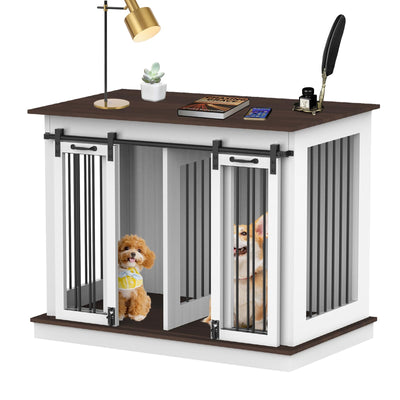 RQZ Double Dog Crate Furniture for 2 Dogs Heavy Duty Wood Dog Cage Table with 2 Sliding Doors and Removable Divider Large Wooden Dog Kennel Indoor for Medium Large Dogs (46.4" L x 23.4" W x 35.0" H)