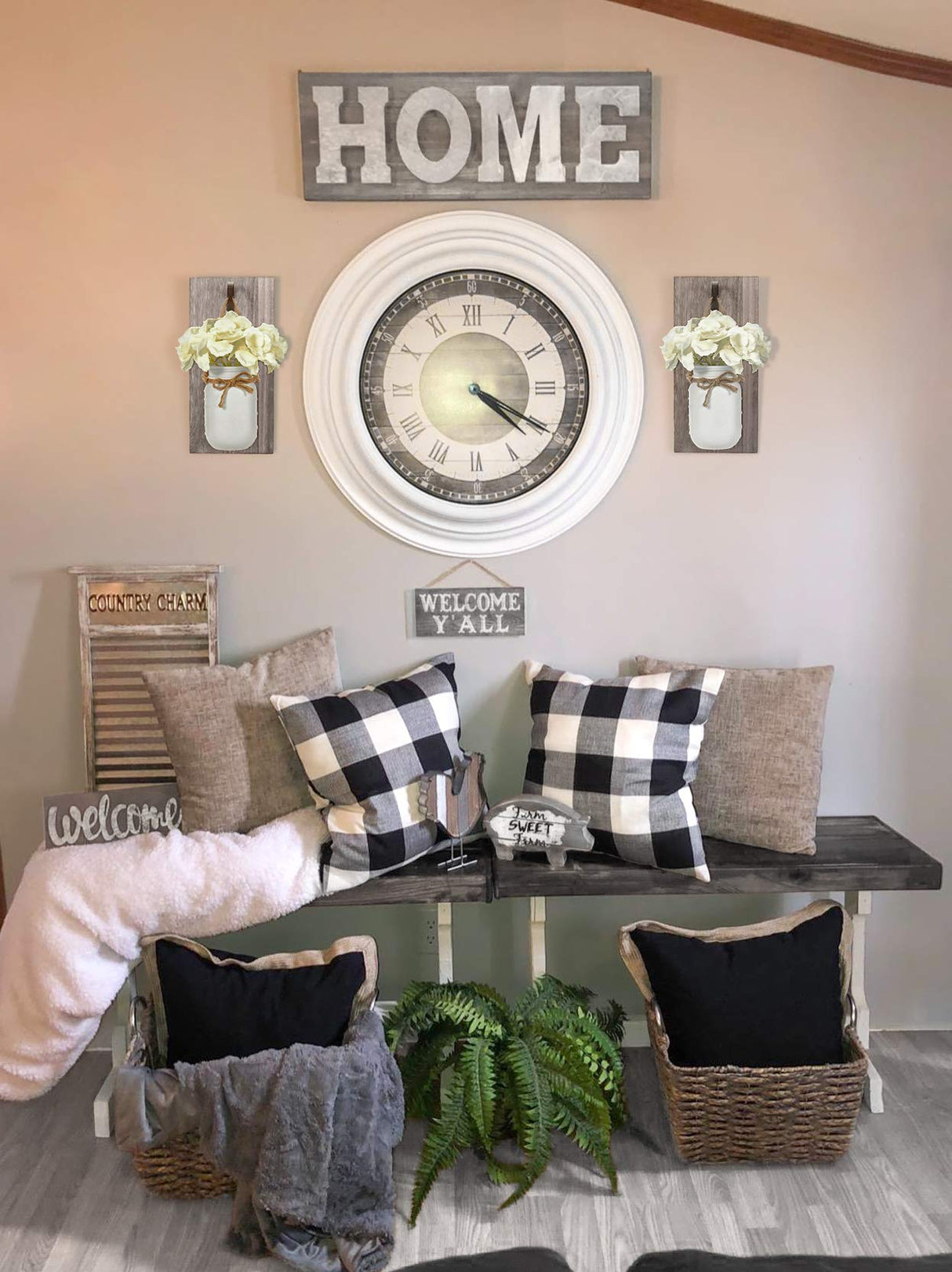 Mkono Wall Sconces Rustic Sconces Set of 2 Farmhouse Mason Jars Bathroom Decor Wood Boards with Fairy Lights and Flowers Fall Wall Decor for Home Kitchen Living Room, White Mkono