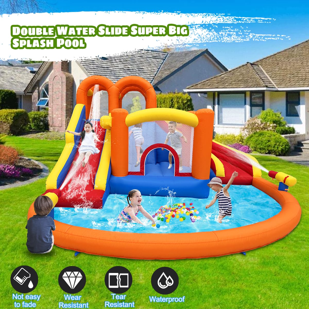 Umbalir 14.2x12.8FT Inflatable Water Park, Giant Slide Bounce House With 2 Long Slides, Thrilling Climbs, Trampoline and Big Splash Pool - 650W Air Blower Included Umbalir