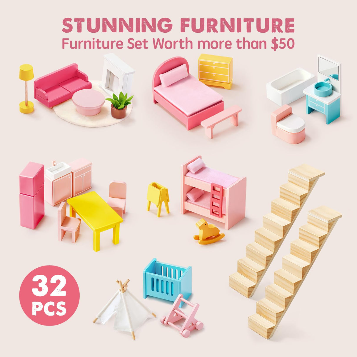 Tiny Land Wooden Dollhouse for Girls - 6 Rooms Wooden Doll House, DIY Pretend Dream House with 30Pcs Furniture Accessories, Gift for Girl Ages 3+ Tiny Land