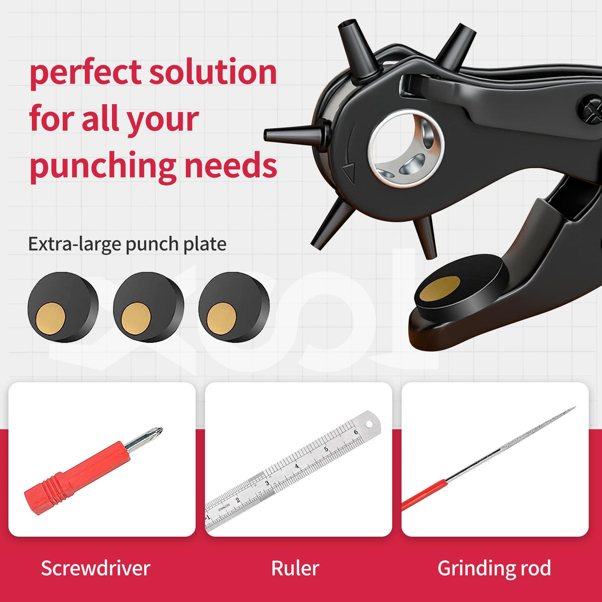 Revolving Punch Plier Kit, XOOL Leather Hole Punch Set for Belts, Watch Bands, Straps, Dog Collars, Saddles, Shoes, Fabric, DIY Home or Craft Projects, Heavy Duty Rotary Puncher, Multi Hole Sizes Make XOOL