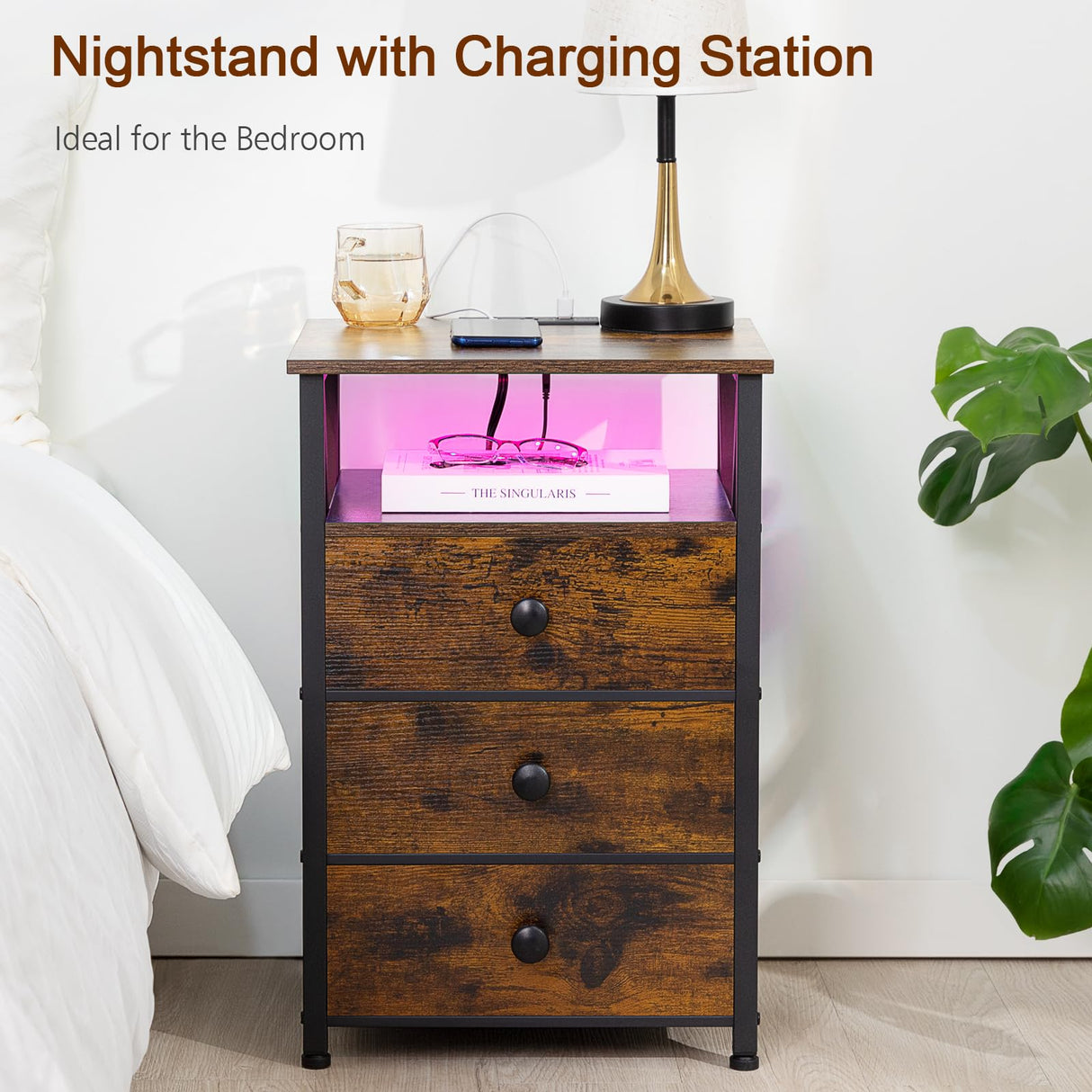 AMHANCIBLE Night Stand Set 2, LED Nightstand with Charging Station, End Side Tables with USB Port & Outlet, Bedside Tables with Fabric Drawers for Bedroom Living Room, Rustic Brown HET053LBR AMHANCIBLE