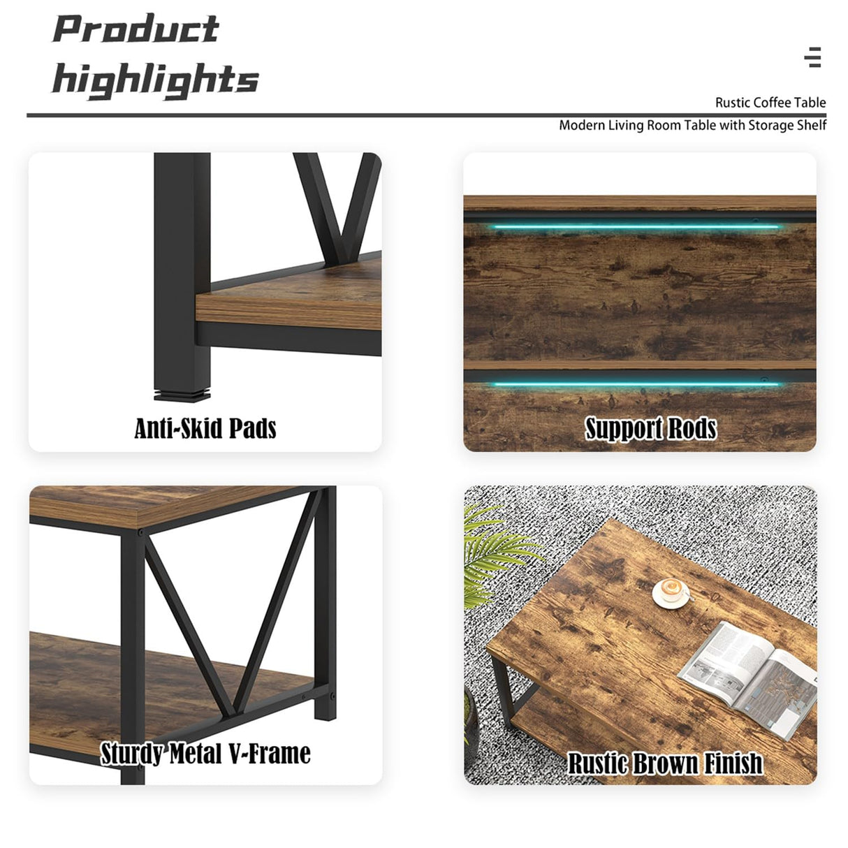 EXCEFUR Modern Coffee Table, Rustic Wood and Metal Living Room Table with Storage Shelf, Industrial Rectangle Center Table, 47 Inch Brown EXCEFUR