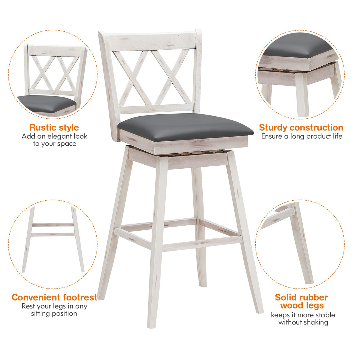 COSTWAY Bar Stool Set of 2, 360° Swivel Bar Height 29.5 inch Bar Stool with Foot Rest Upholstered Cushion & Ergonomic Backrest, Sturdy Frame, for Pub, Restaurant, Home (2, Antique White+ Grey) COSTWAY