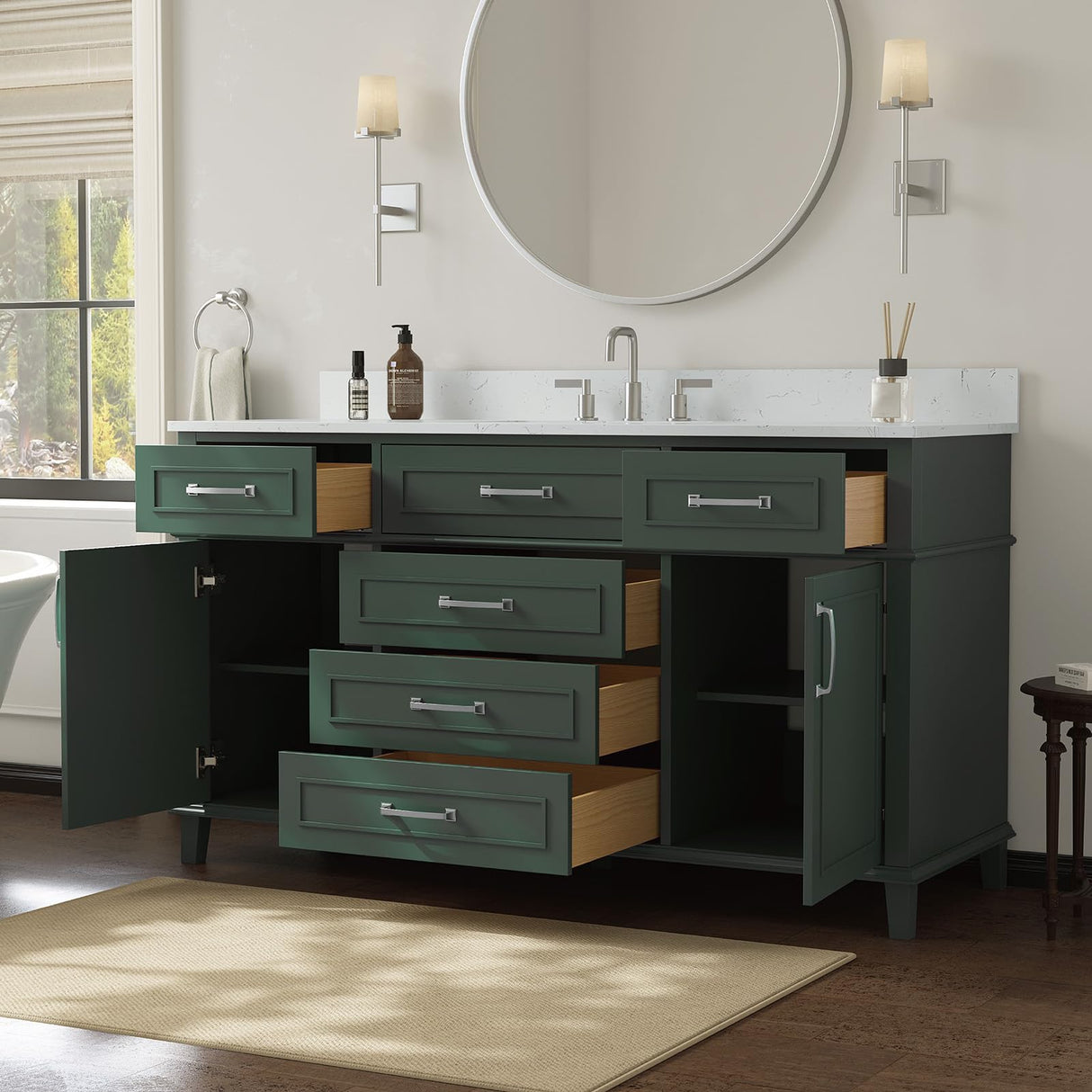 DELUXE LIVING 60 Inch Bathroom Vanity with Sink, Single Sink Bathroom Vanity with Adjustable Feets, Modern Bathroom Storage Cabinet with Soft Closing Doors & Dovetail Drawers, Green DELUXE LIVING