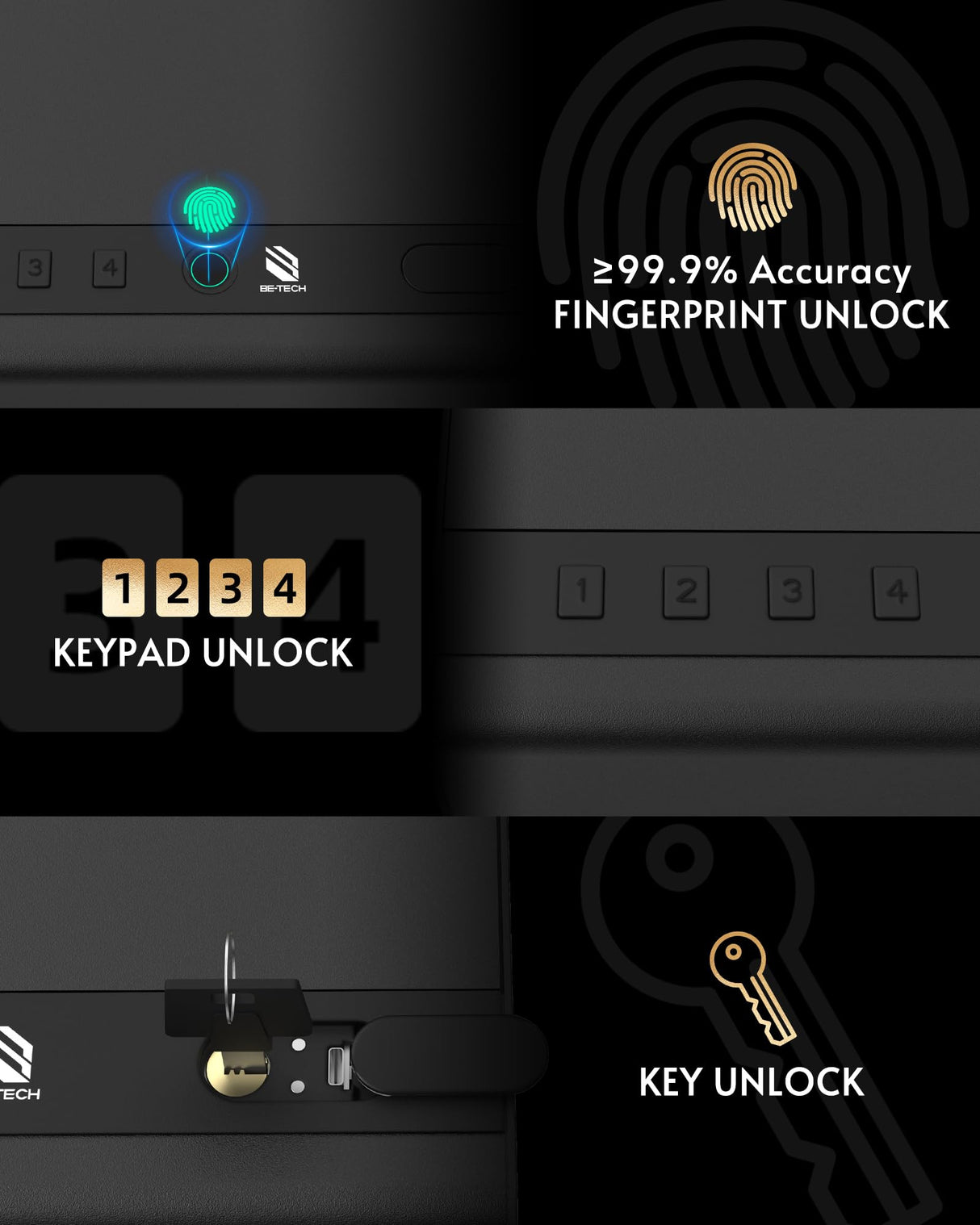 BE-TECH Gun Safe for Handgun, Large Capacity Biometric Pistol Safe with 99.9% Accuracy Fingerprint Quick Access - Ideal for Nightstand, Car, Bedside, Wall BE-TECH