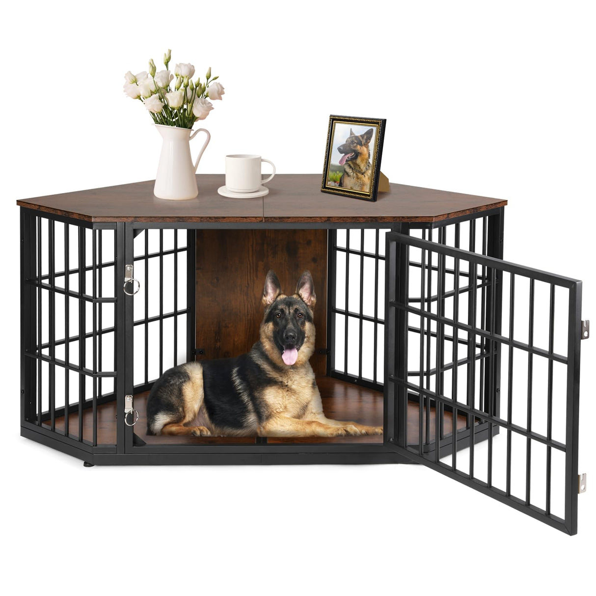 VOWNER 52 Inch Dog Crate Furniture Corner, Wooden Dog Kennel Furniture, End Table Dog Crate for Large Dogs, Indoor Pet Crates Corner Side Table for Dogs, Wide Top Perfect for Limited Room, Brown VOWNER