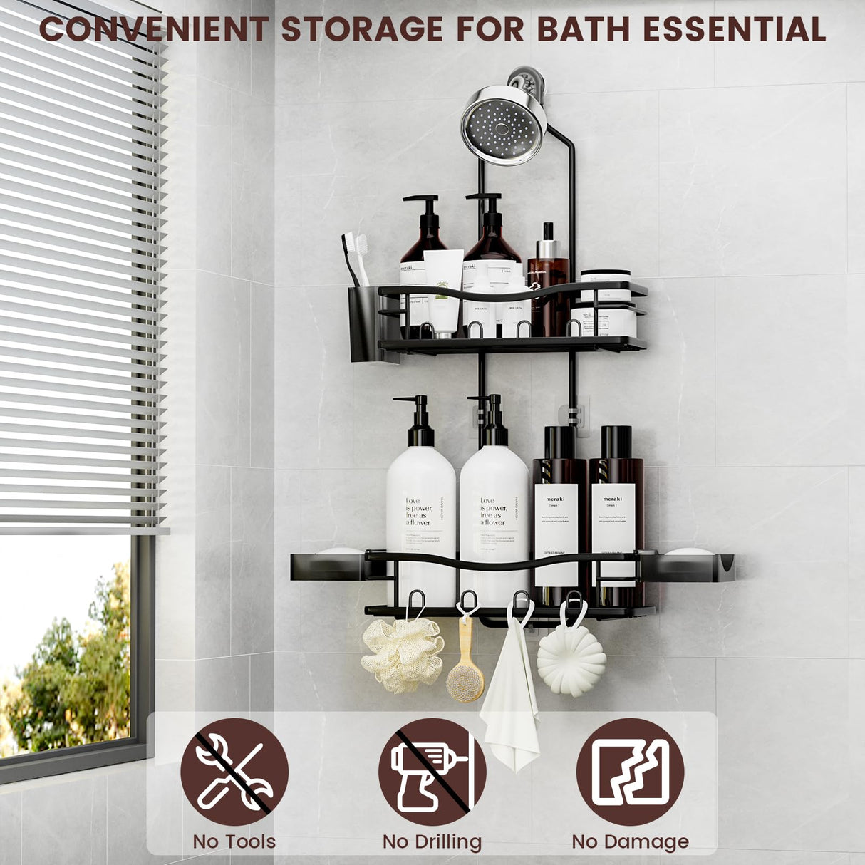 REINHARDT Shower Caddy Hanging, Rustproof Shower Caddy Anti-Swing Shower Organizer Over Showerhead No Drilling Shower Racks with Soap Holder Multi Hooks Bathroom Storage for Shampoo Sponge, Black REINHARDT