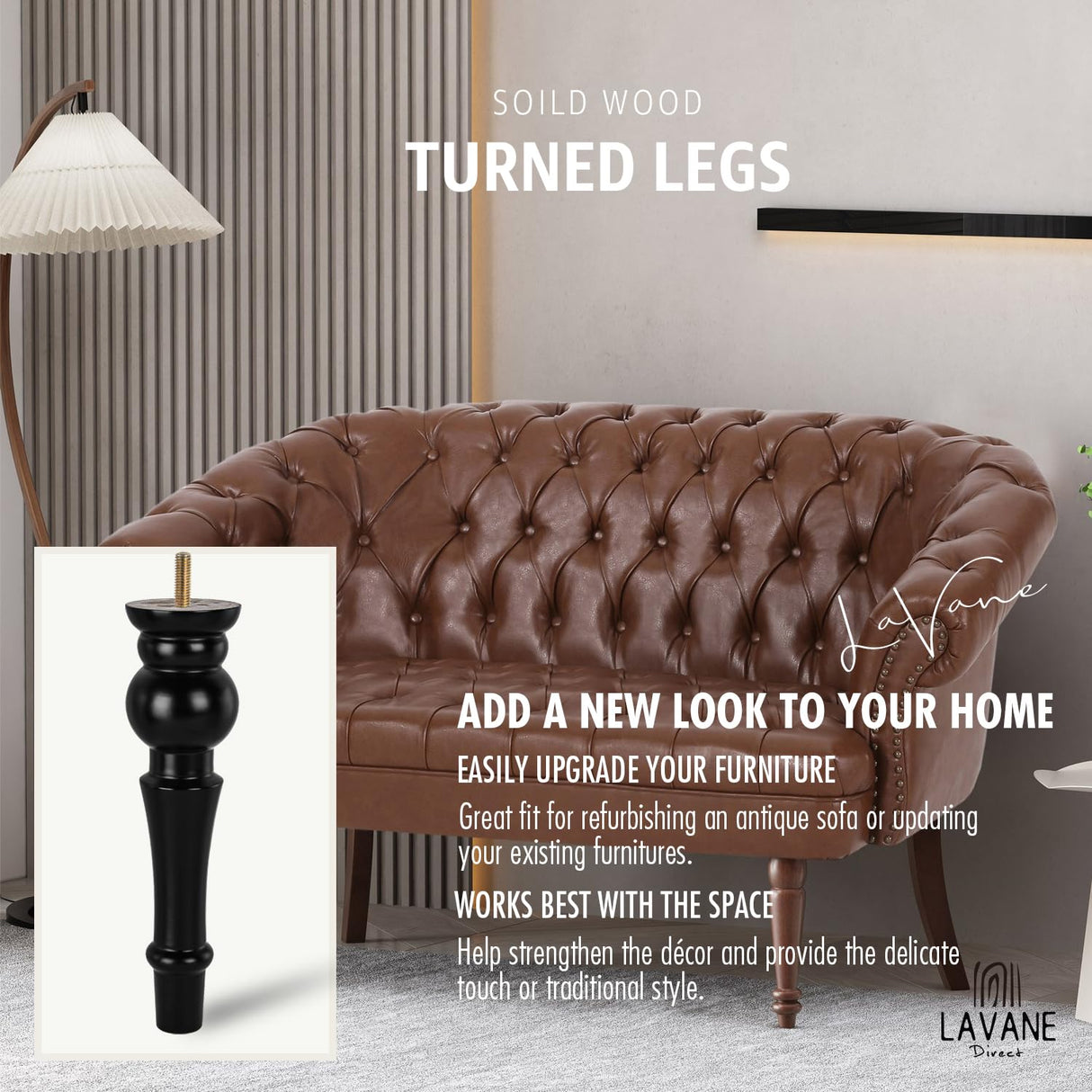 La Vane 11 inch / 28cm Wooden Furniture Legs, 4PCS Soild Wood Turned Spindle Black Replacement Spool Feet with Pre-Drilled M8 Inch Bolt & Mounting Plate for Couch Sofa Armchair Dresser Chest La Vane