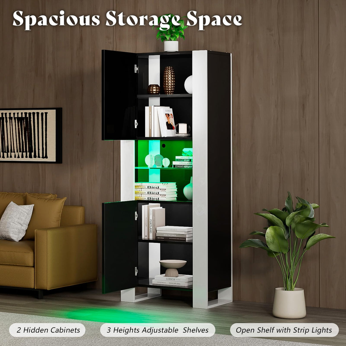 AMERLIFE Modern LED Bookcase, 68in Storage Cabinet with 6 Tiers for Storage & 3 Adjustable Shelves, High Glossy Display Case for Living Room, Home Office, Study Room, Black AMERLIFE