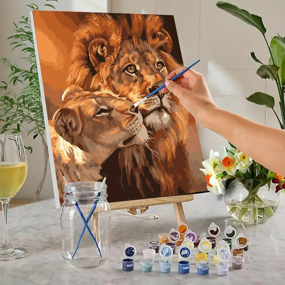 MaiMMaledy Paint by Numbers Kit for Adults Beginners 8Wx12L inch Canvas Pictures with Framed Drawing Painting Works with Wooden Triangle Easel Acrylic Pigment Lion MaiMMaledy