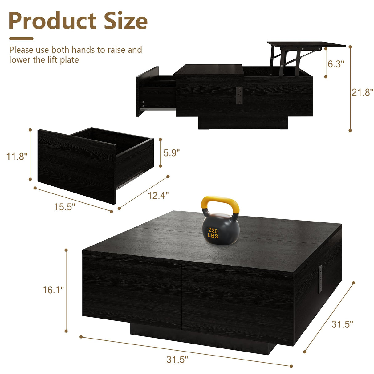 Square Lift Top Coffee Table, 31.5" Wooden Coffee Table with 2 Drawers & Hidden Storage, LED Lights & Charging Station, Mid Century Modern Center Table for Living Room Home Office (Black) YKVIQBY