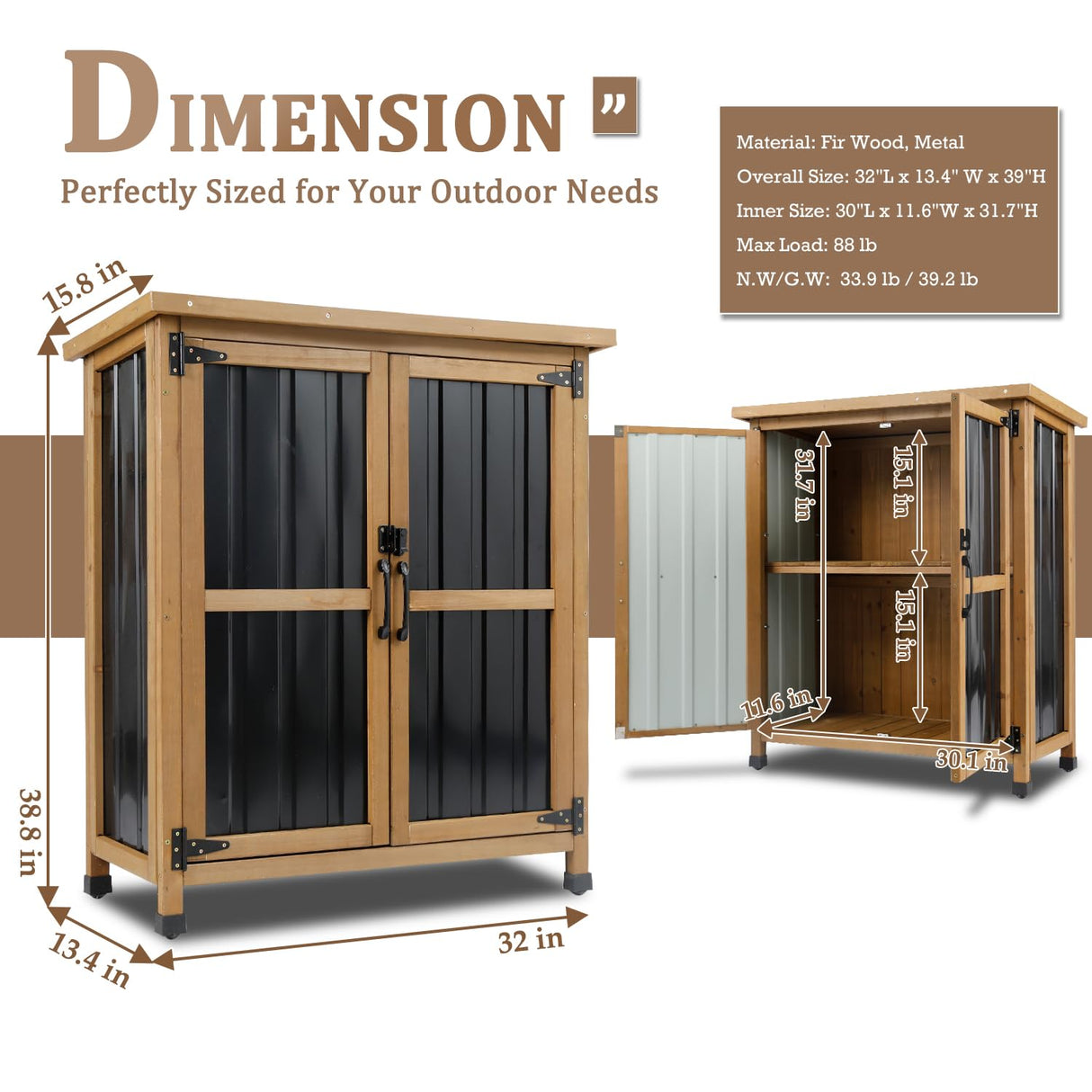 Weatherproof Outdoor Storage Cabinet with Lockable Doors, Wood & Metal Garden Storage Shed Patio Storage Box for Tools & Lawn Equipment, Pool Accessories PetsCosset