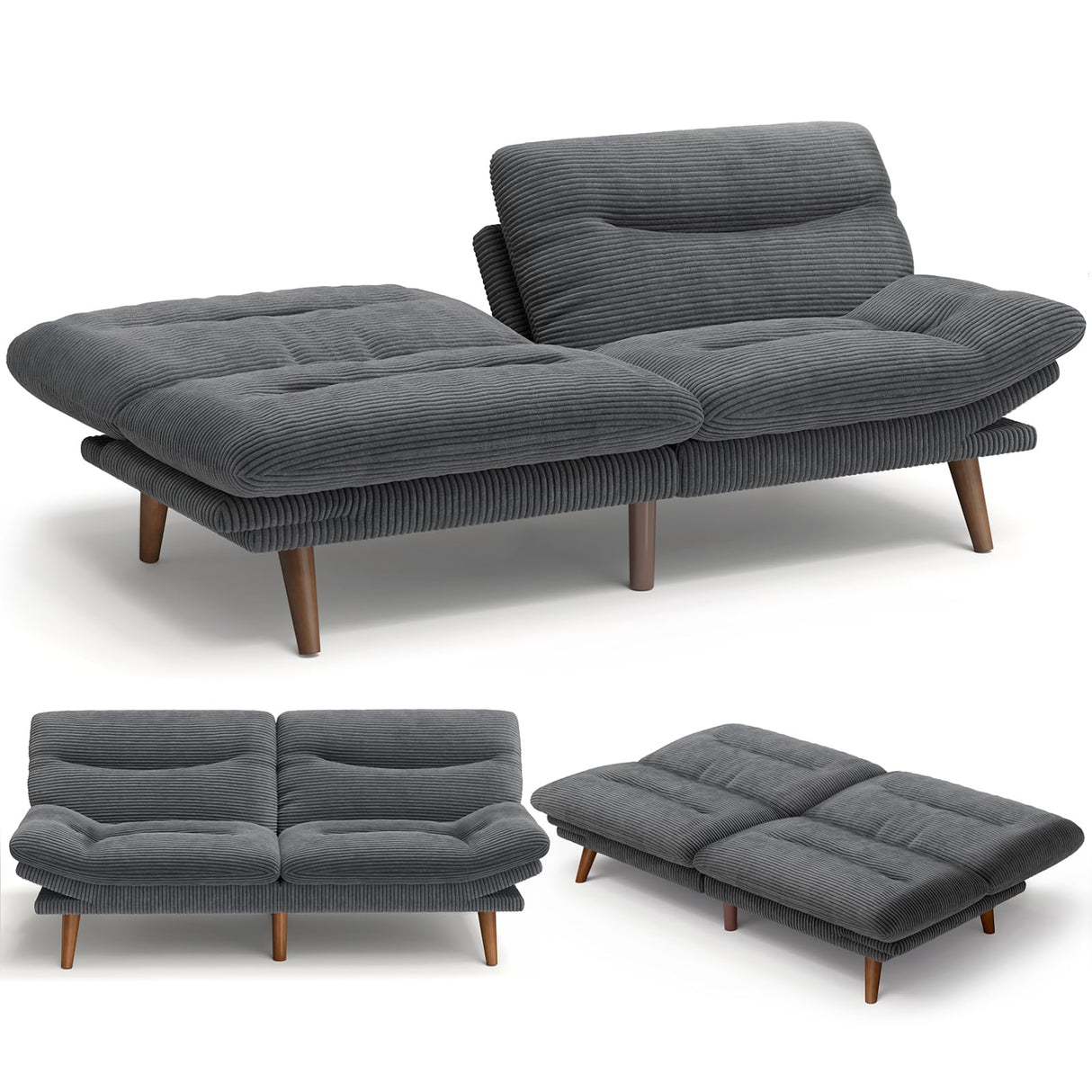 75″ Futon Sofa Bed, 3-in-1 Futon Couch w/Adjustable Backrest & Armrests, Corduroy Convertible Sleeper Sofa Bed, Folding Sleeper Recliner w/Removable Cushion for Apartment, Living Room, Office,Grey AMADA HOMEFURNISHING