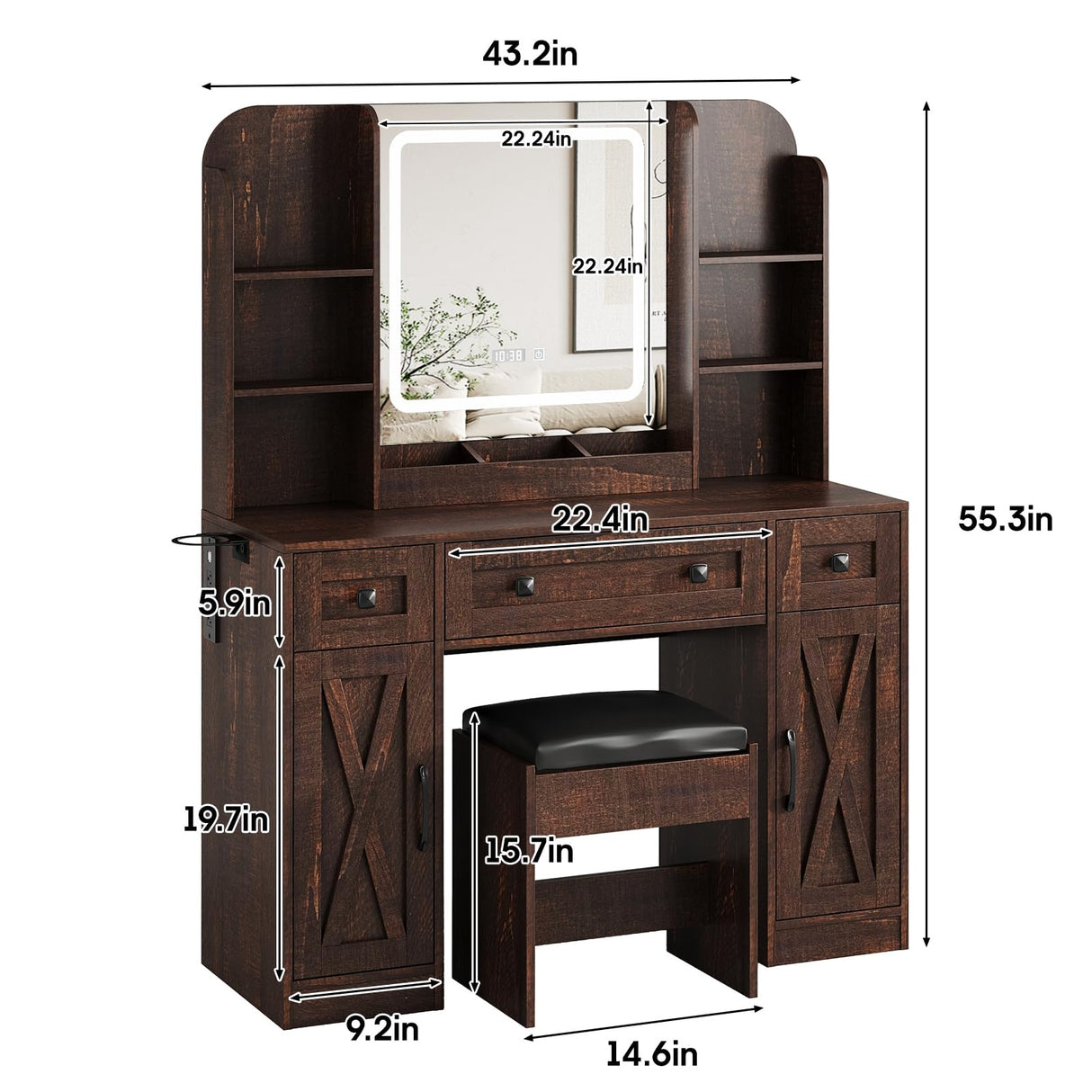 Vabches Makeup Vanity Desk, Vanity Mirror with Lights Desk and Chair,Makeup Table with 3 Large Drawers and 2 Cabinets, Time and Temperature Display, 3 LED Lighting Modes Adjustable, Brown Vabches