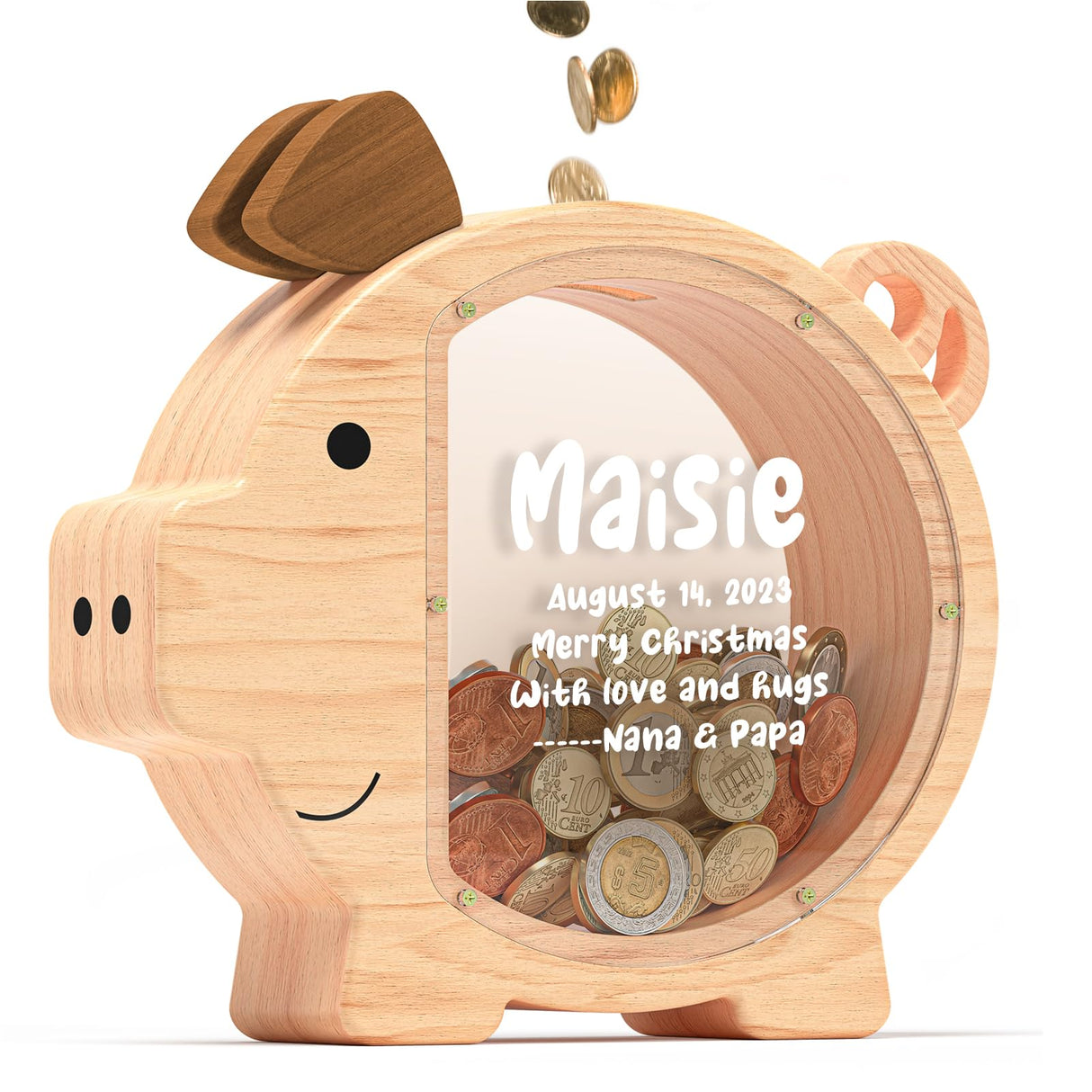Summidate Custom Wooden Piggy Bank for Kids Boys Girls, Large Unbreakable Bills Coin Money Saving Box, Personalized Children Birthday Gift, Nursery summidate