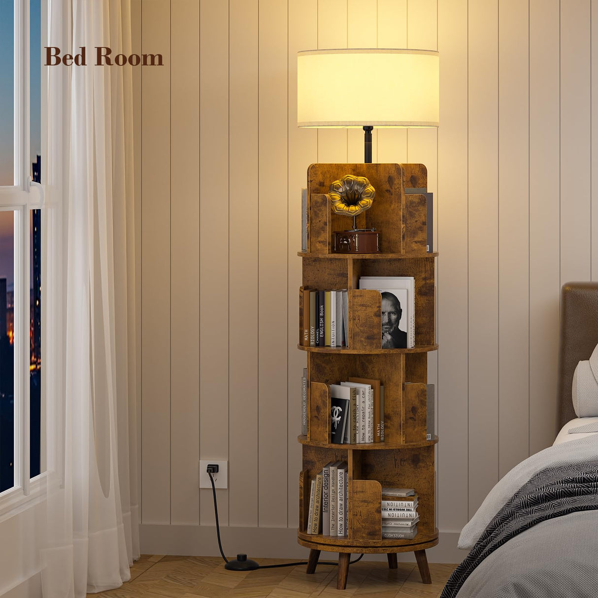 TVU 4Tire Rotating Bookshelf with Light, 360 Degree Spinning Book Shelf Tower, 4-Tier Circular Bookcase for Small Spaces, Fits Any Corner, for Study、Living Room、Bedroom、Office, Flame Finish TVU