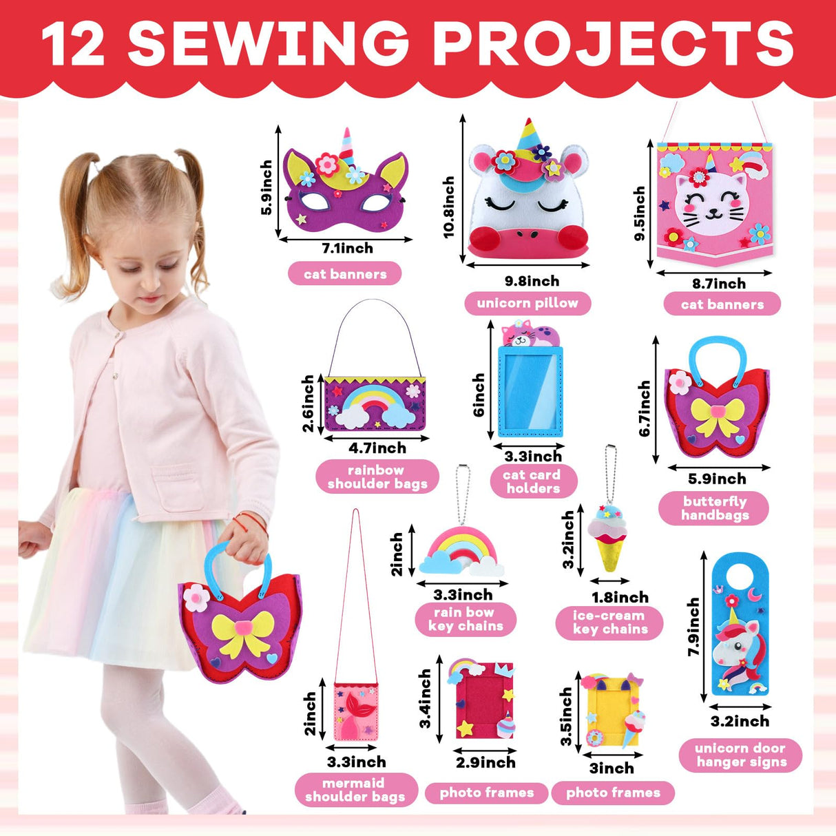 ZOIIWA 12Sets My First Felt Sewing Kit for Kid Arts Crafts Unicorn Felt DIY Craft Kit DIY Stuffed Mermaid Purse Bags Pillow with Instruction Embroidery Gift for Girl Boy Beginners Ages 4+ Learn to Sew ZOIIWA