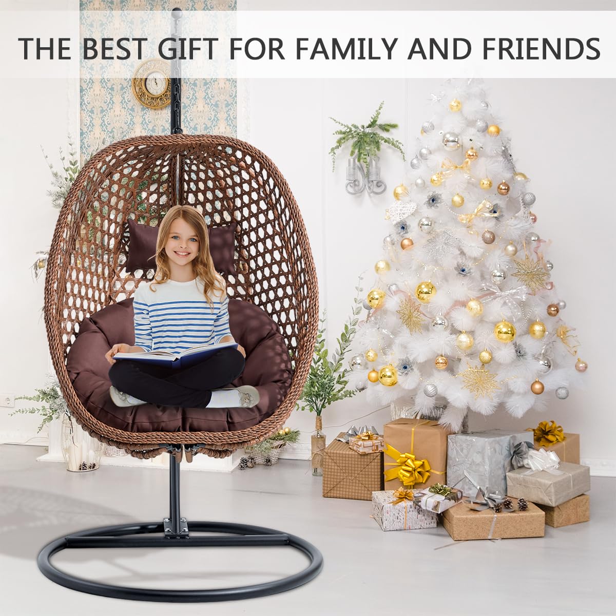 JUFU Egg Swing Chair with Stand,Hanging Egg Chair Indoor Outdoor,Hammock Hanging Basket Chair with Aluminum Steel Frame,Patio Egg Chair with Removable Cushions for Patio Balcony Backyard,Bedrooms JUFU