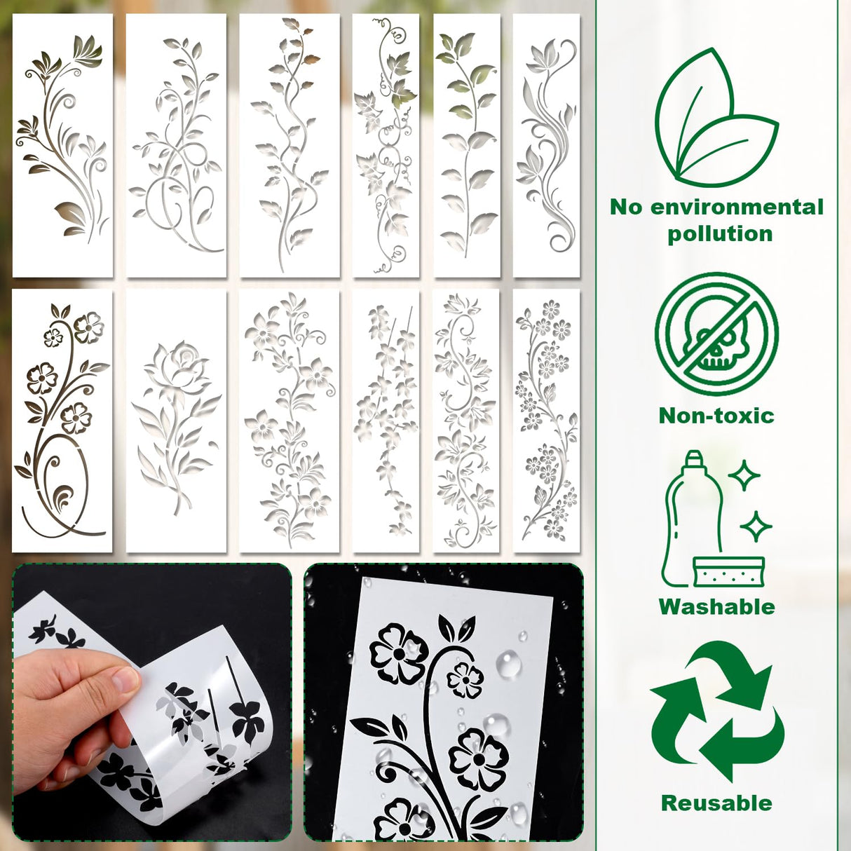 12pcs Leaf Vine Stencils, Leaves & Flower Stencil Reusable Floral Stencil Spring Drawing Templates for Painting on Walls DIY Craft Canvas Home Decor Wall Art Gosknor