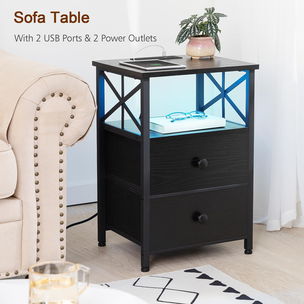 AMHANCIBLE Night Stand Set 2, LED Nightstands for Bedroom Set of 2 with Charging Station, End Table with USB Port and Outlet, Side Table with 2 Storage Drawers for Living Room, Black, HET052LBK AMHANCIBLE