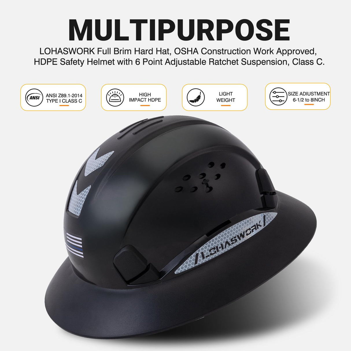 LOHASWORK Full Brim Hard Hat Construction OSHA Approved Vented Hard Hat Cascos De Construccion Adjustable Cool Vent Work Safety Helmet for Men and Women LOHASWORK