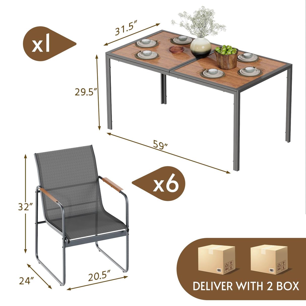Rotihom 7 Pieces Patio Dining Set,Outdoor Patio Table and Chairs Set For 6 with 6 Texlin Seats & 59" Wood-Like Pspc Table, Strengthened Metal Frame Outdoor Patio Dining Sets For Backyard/Deck/Poolside Rotihom