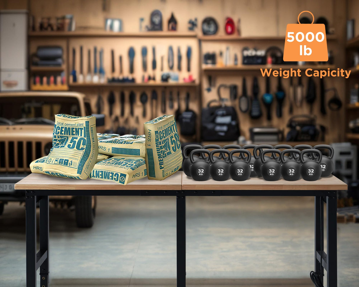 Albott 84x24” Adjustable Workbench 28.7-38.6" Height, Rubber Wood Top Heavy Duty Workbench with Power Outlets & Hooks, 5000 LB Capacity Workbench for Garage, Workshop, Home & Office Albott