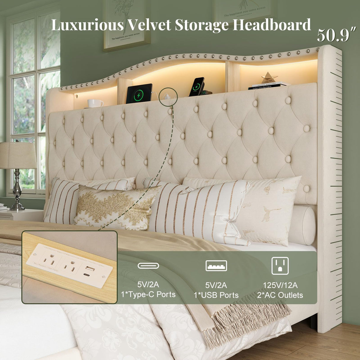 Belffin King Size Bed Frame and Headboard, 50.9" Velvet Upholstered Wingback Bedframe with LED Lights & Storage/Charging Station, Button Tufted Tall Footboard, No Box Spring Needed, Noise-Free, Beige Belffin