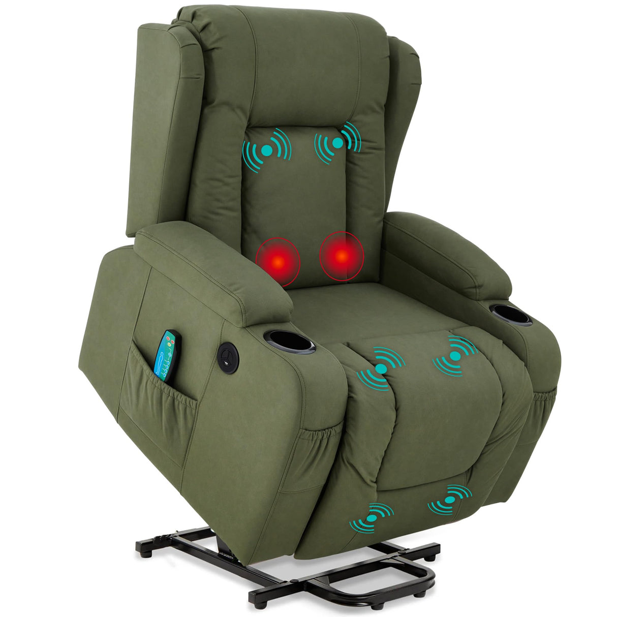 Best Choice Products PU Leather Electric Power Lift Chair, Recliner Massage Chair, Adjustable Furniture for Back, Legs w/ 3 Positions, USB Port, Heat, Cupholders, Easy-to-Reach Side Button - Olive Best Choice Products