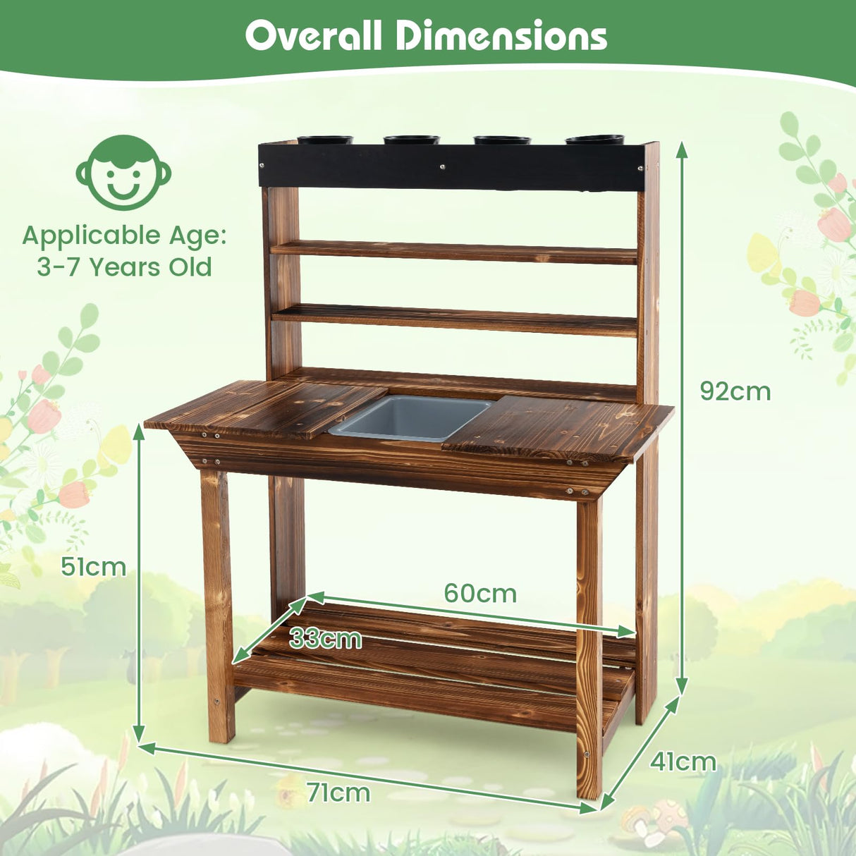 HONEY JOY Kids Potting Bench Table, Fir Wood Garden Potting Benches for Outside, Removable Sink, 4 Flower Pots, Chalkboard, Children Planting Table Work Bench, Mud Kitchen for Kids Outdoor Backyard HONEY JOY