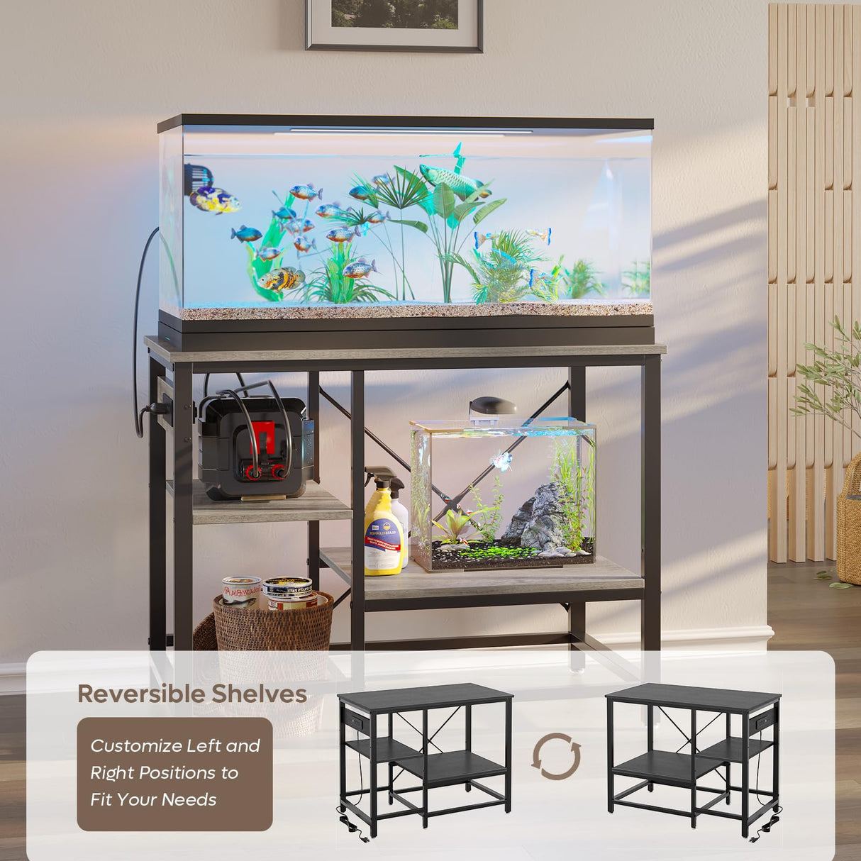 Becuddler 40-50 Gallon Fish Tank Stand with Charging Station, 36x19 Metal Aquarium Stand with 3-Tiers Adjustable Storage Shelves, 6-Legs Reptile Terrarium Stand, 660 LBs Becuddler