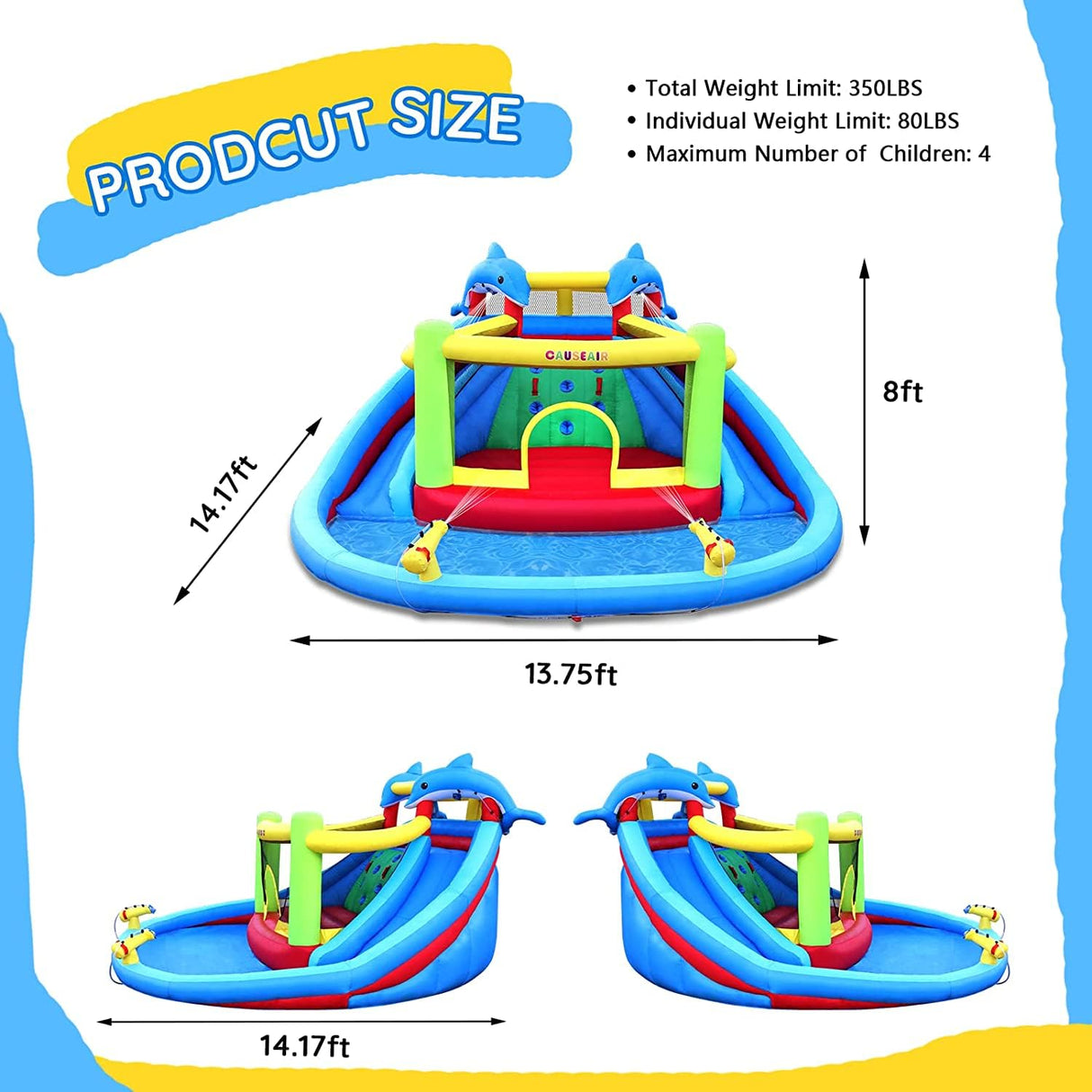 Causeair Inflatable Bounce House with Double Slide,Dolphin Styling,Splashing Pool,Double Water Cannon,Climbing Wall,Heavy Duty GFCI Blower,Inflatable Water Park Slide for Kids Backyard Summer causeair