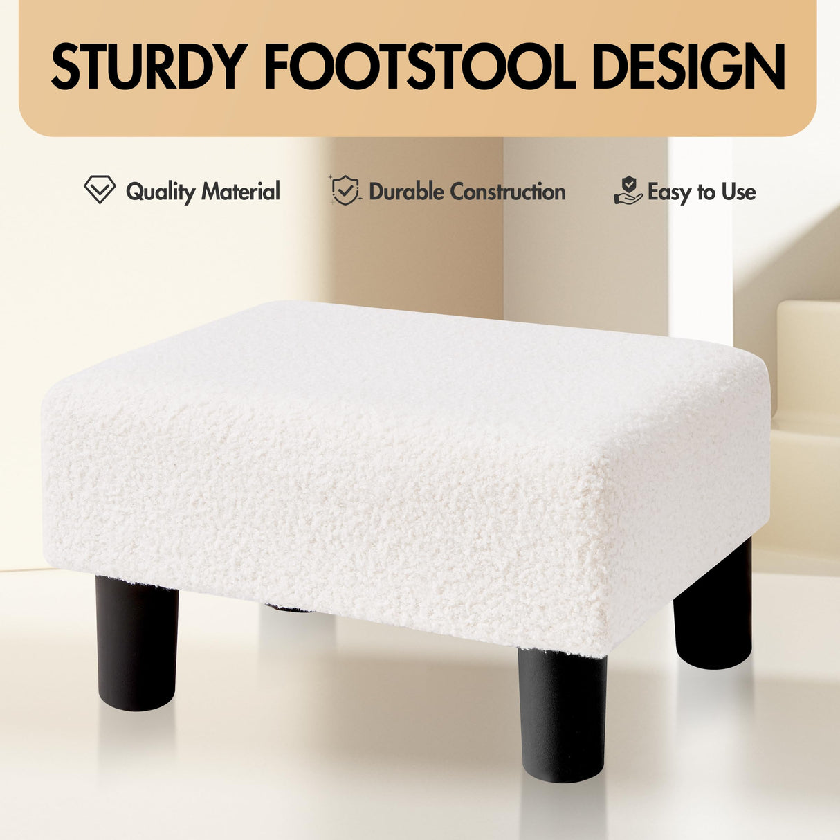 BRIAN & DANY Small Foot Stool Ottoman, Footstool with Legs, Teddy Velvet Foot Rest for Living Room, Bedroom and Office, White BRIAN & DANY